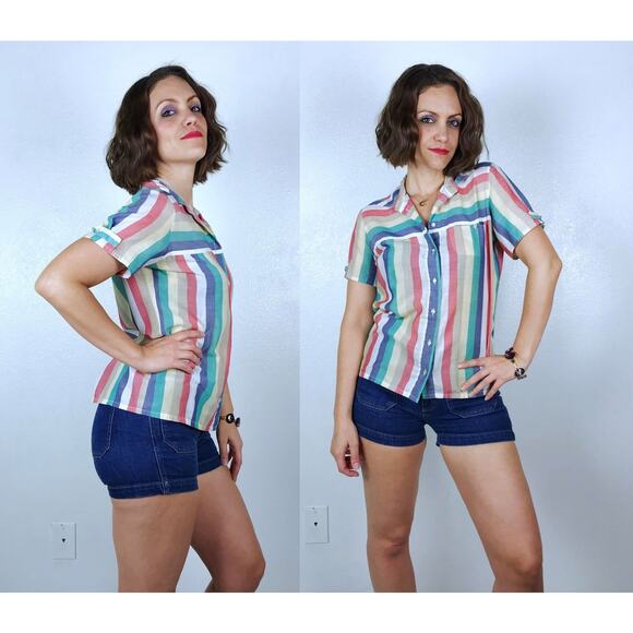 vintage 80s COLORFUL STRIPED Paper Thin BLOUSE soft Large button down shirt top - Picture 1 of 10